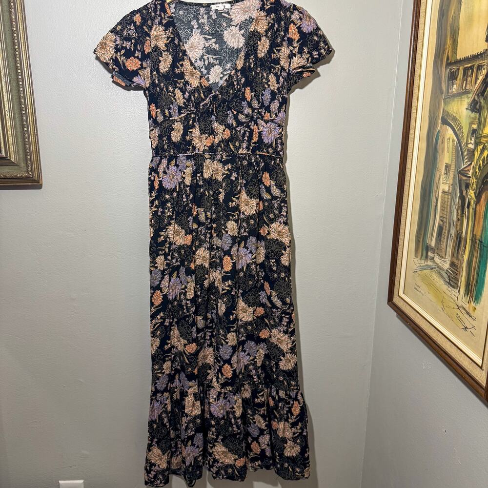 Maurices Black Floral Tiered V-Neck Midi Dress Short Flutter Sleeve Medium